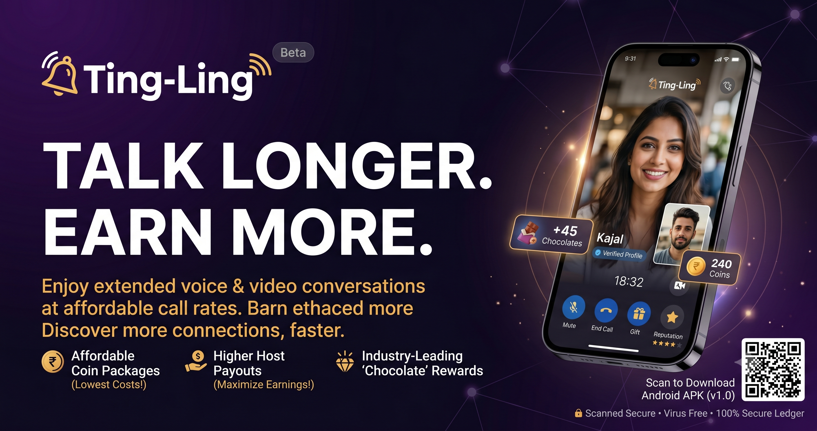 Ting-Ling — Talk Longer. Laugh Together. Affordable coin packages, higher host payouts, industry-leading chocolate rewards.